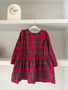 H&M Red Green Plaid Ruffle Long-Sleeve Dress